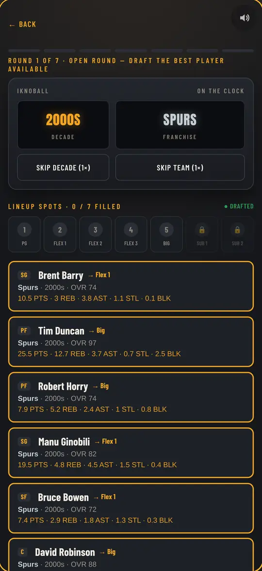 Draft screen: on the clock with the 2000s Spurs, choosing one legend